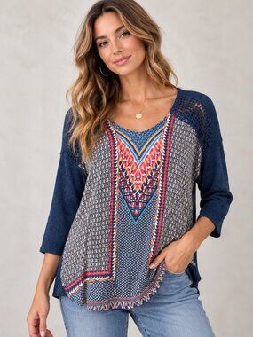 Blue boho tunic top vibrant geometric front panel and crotchet shoulders